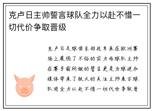 克卢日主帅誓言球队全力以赴不惜一切代价争取晋级